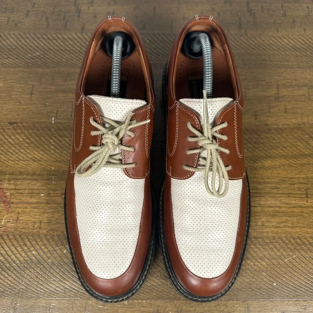 Johnston Murphy Shoes Mens 9.5 Brown Cream Handcrafted Leather Oxford Italy